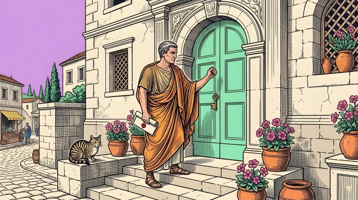 A pop engraving under a lilac sky: a man in an orange toga with a big key knocks on a mint-green door, a sealed letter in his hand and a cat on the step.