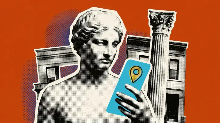 A marble statue looks at a phone with a map pin, in front of a brownstone and a column.