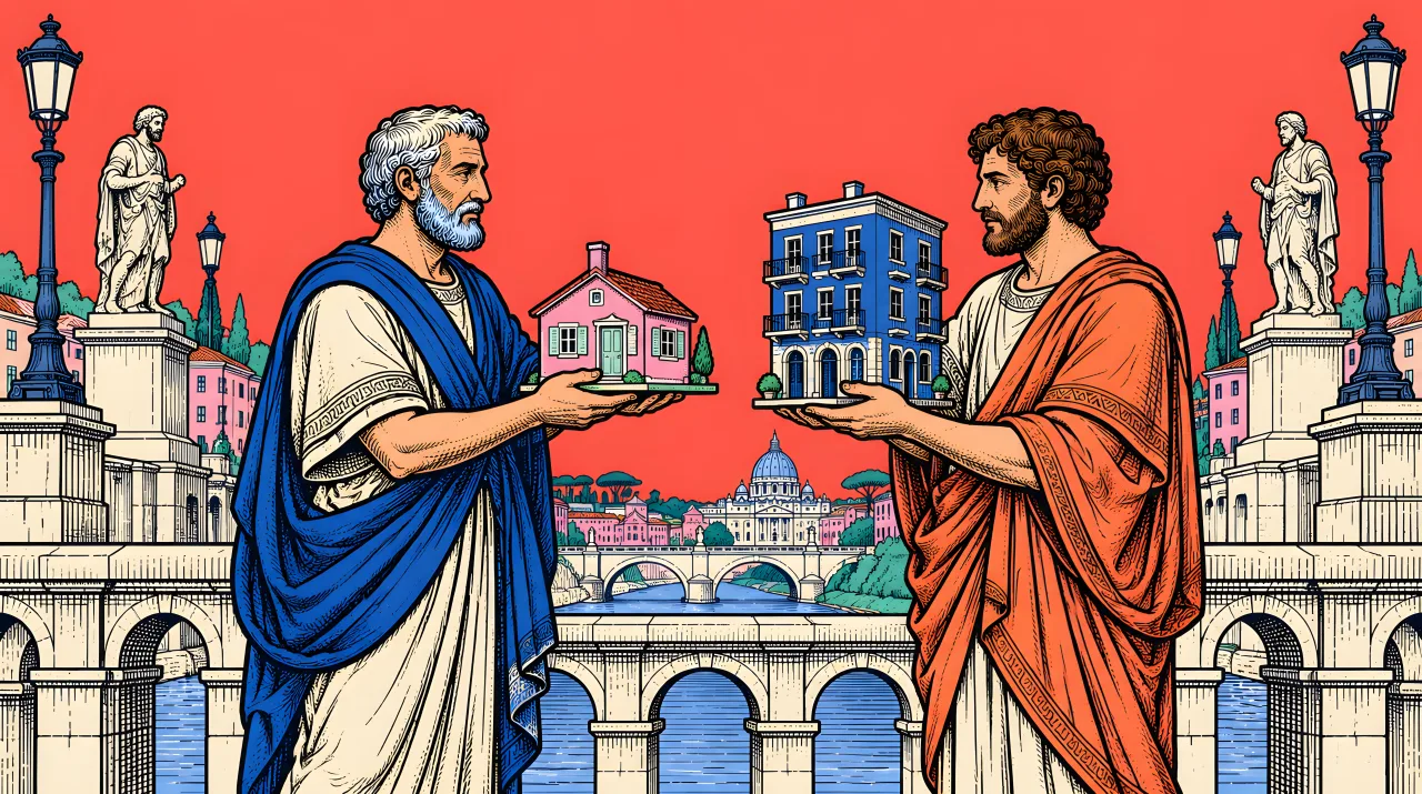 A pop engraving under a coral sky: on a bridge an owner in blue holds a pink cottage model and a landlord in an orange toga holds a blue apartment model to swap.
