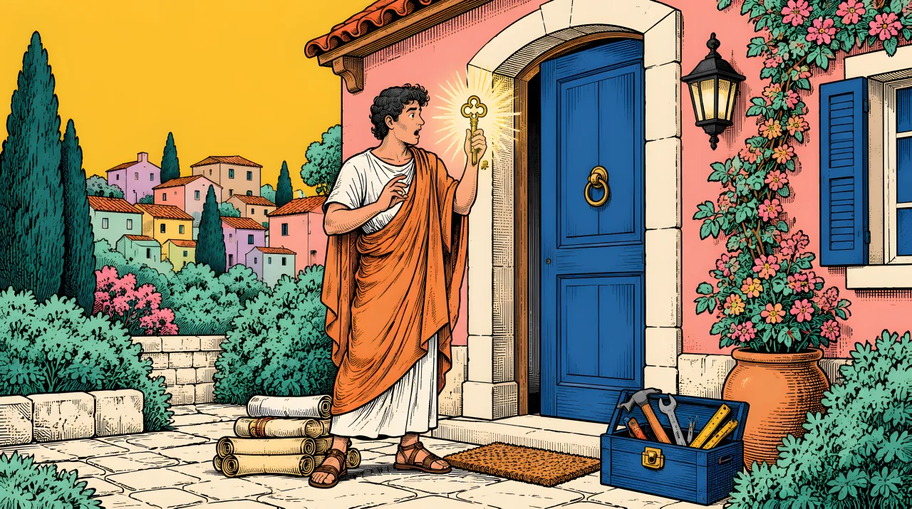 A pop engraving under a yellow sky: a surprised young man in an orange toga holds a glowing key at the blue door of a pink cottage, with scrolls and a toolbox.