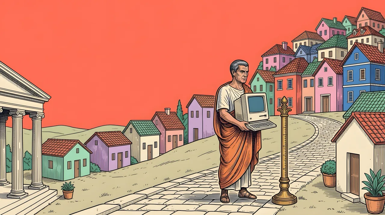 A pop engraving under a coral sky: a landlord in an orange toga carries an old computer up a hill road lined with more and more colorful houses.