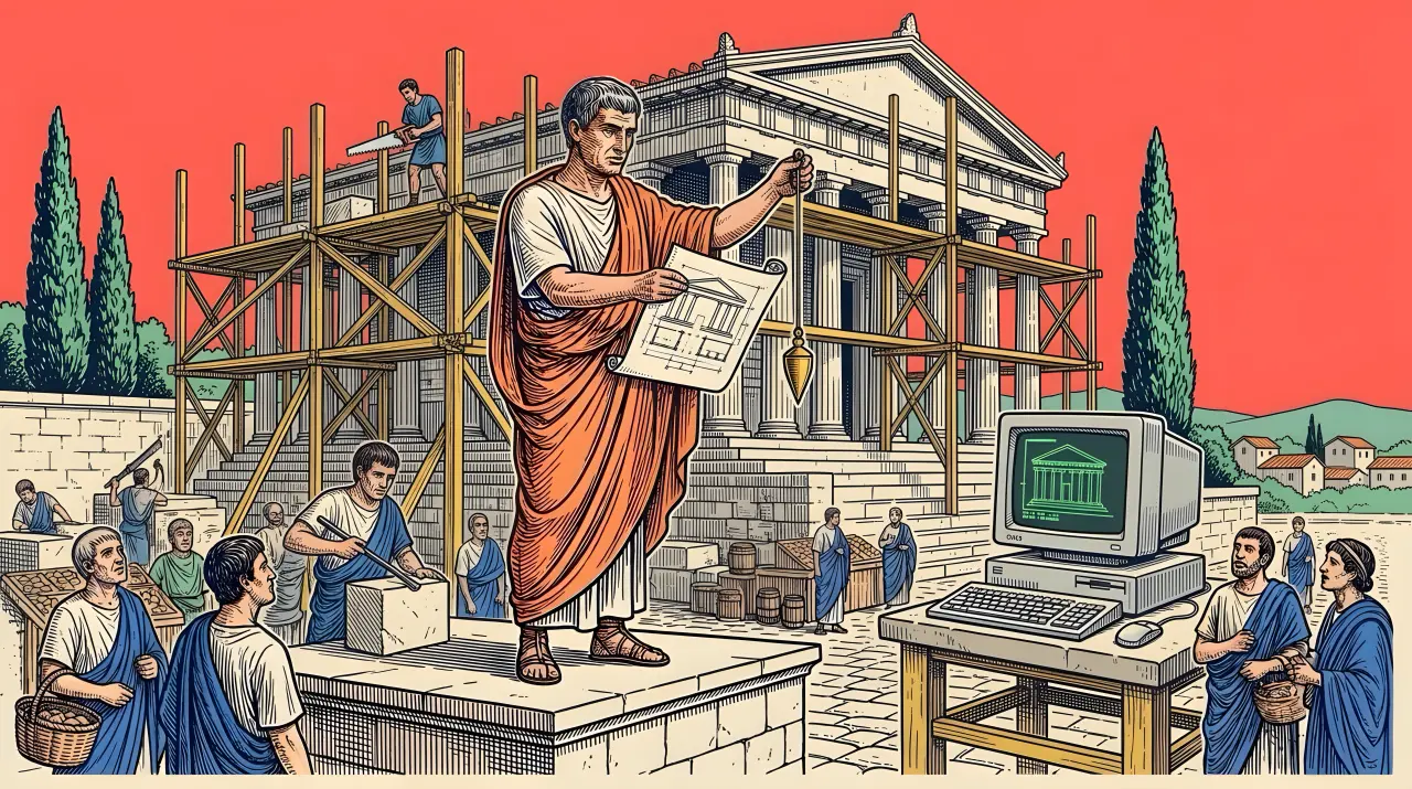 A pop engraving under a coral sky: an architect in an orange toga with a blueprint and a plumb line before a temple in scaffolding; an old computer on a workbench.