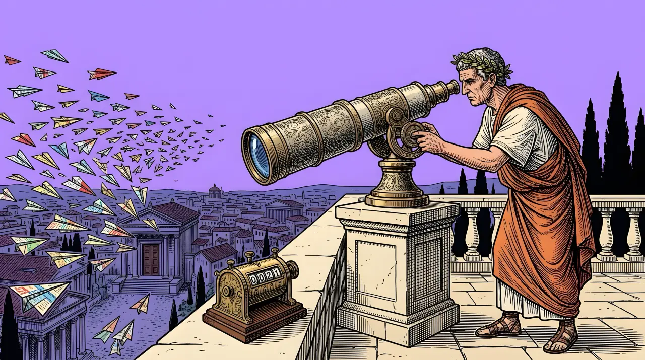 A pop engraving under a lilac sky: a man in an orange toga looks through a brass telescope at colorful paper planes; a tally counter rests nearby.