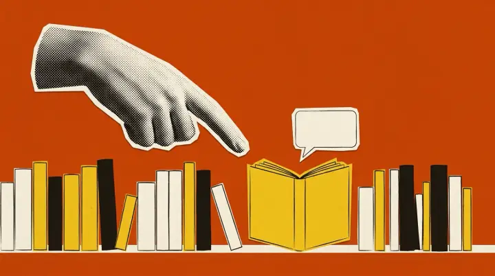 A marble hand points at one open book on a shelf. A chat bubble sits above the book.