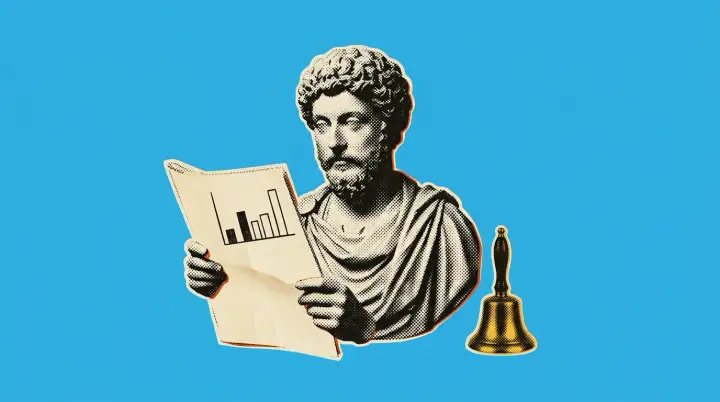 A marble bust reads a newspaper with a small bar chart. A brass bell stands beside it.