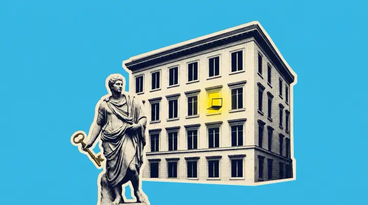 A marble Roman apartment block with one lit window, and a statue that holds a big key.