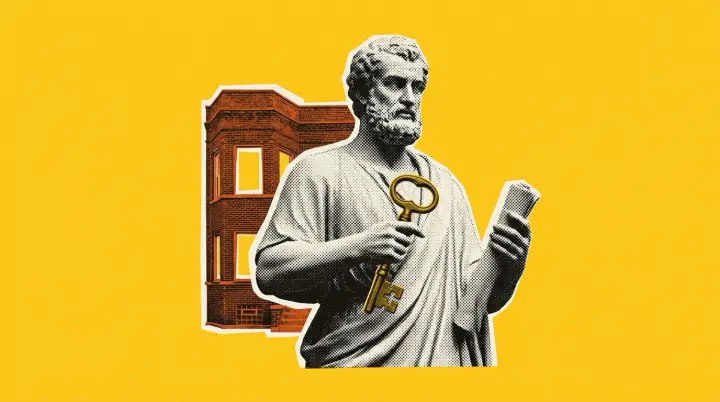 A marble statue holds a brass key and a scroll in front of a brick two-flat house.